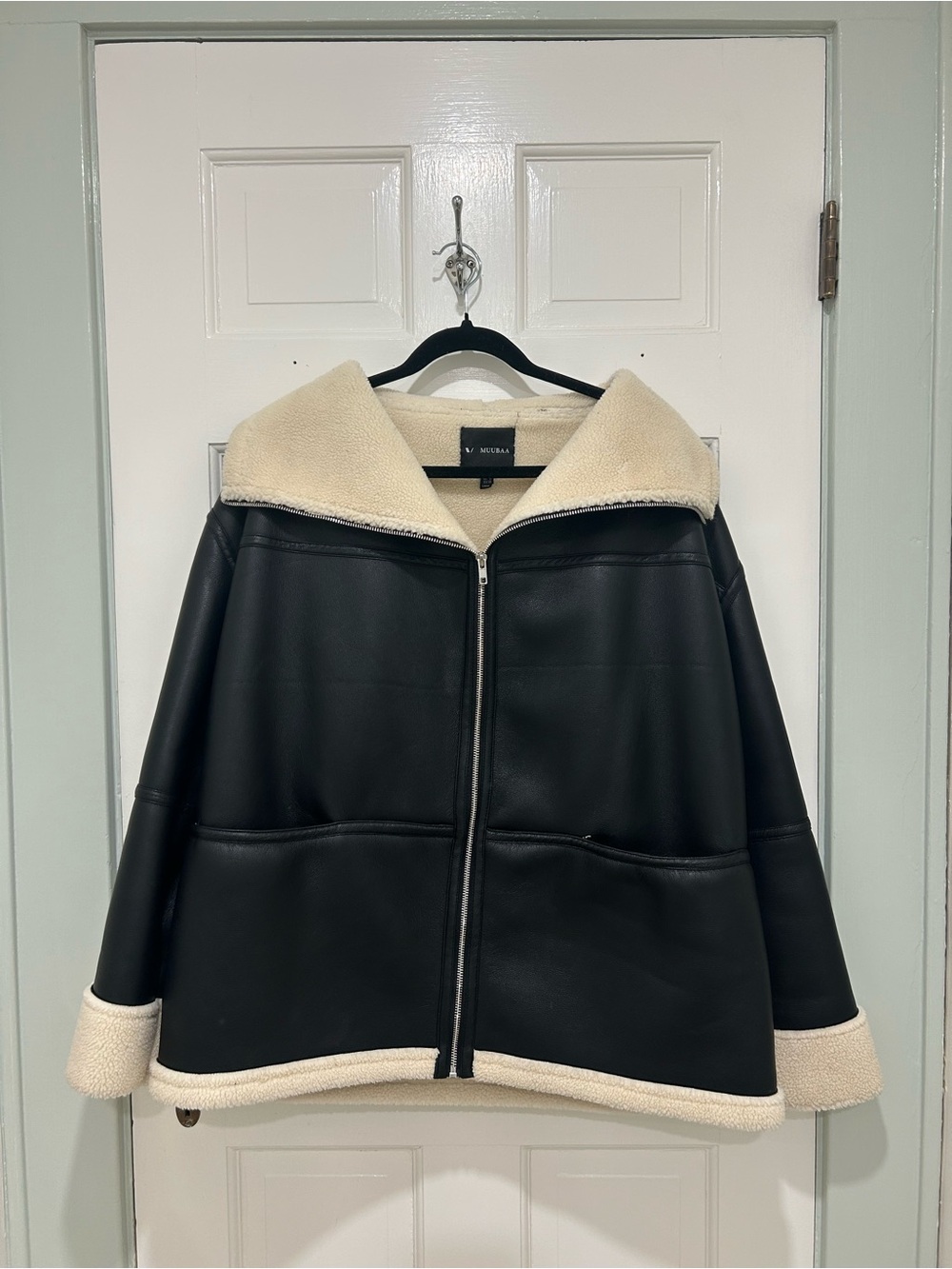 Muubaa Black Faux-Leather Jacket with Cream Shearling Trim